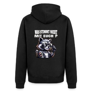 Ich hasse Menschen - Was stimmt denn mit dir nicht - Unisex Premium Bio Zip Hoodie - Schwarz - Hinten - Nico (187cm)