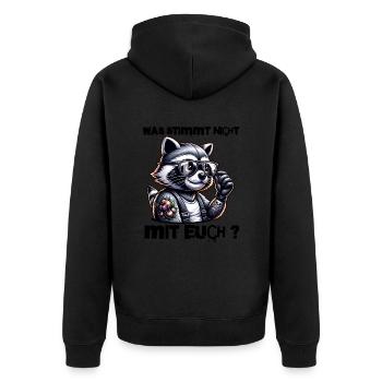 Ich hasse Menschen - Was stimmt denn mit dir nicht - Unisex Premium Bio Zip Hoodie - Schwarz - Hinten - Nico (187cm)