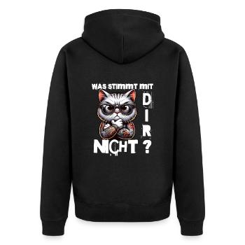 Ich hasse Menschen - Was stimmt denn mit dir nicht - Unisex Premium Bio Zip Hoodie - Schwarz - Hinten - Nico (187cm)