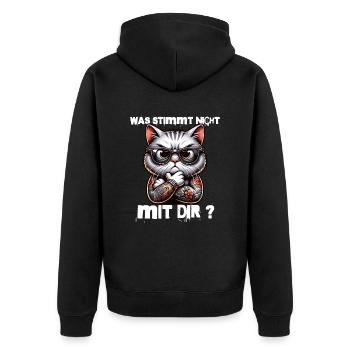 Ich hasse Menschen - Was stimmt denn mit dir nicht - Unisex Premium Bio Zip Hoodie - Schwarz - Hinten - Nico (187cm)