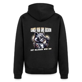 Ich hasse Menschen - Was stimmt denn mit dir nicht - Unisex Premium Bio Zip Hoodie - Schwarz - Hinten - Nico (187cm)
