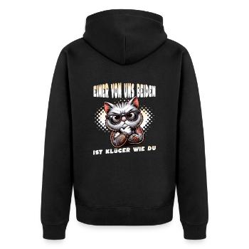 Lustiger Einer von uns beiden ist klüger als du - Unisex Premium Bio Zip Hoodie - Schwarz - Hinten - Nico (187cm)