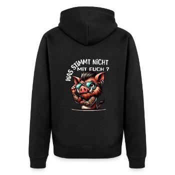 Ich hasse Menschen - Was stimmt denn mit dir nicht - Unisex Premium Bio Zip Hoodie - Schwarz - Hinten - Nico (187cm)