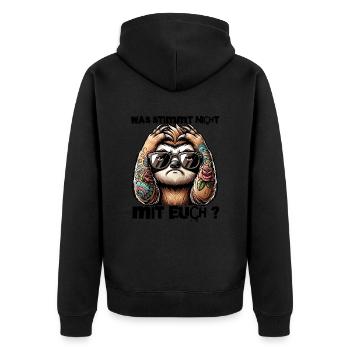 Ich hasse Menschen - Was stimmt denn mit dir nicht - Unisex Premium Bio Zip Hoodie - Schwarz - Hinten - Nico (187cm)