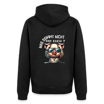 Ich hasse Menschen - Was stimmt denn mit dir nicht - Unisex Premium Bio Zip Hoodie - Schwarz - Hinten - Nico (187cm)