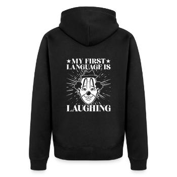 Circus Graphic First Language Laughing Circus Gift - Unisex Premium Organic Zip Hoodie - black - Back - Nico (187cm)
