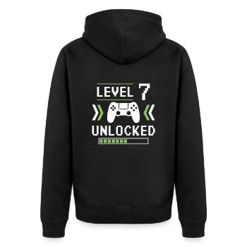 Level 7 freigeschaltet - Unisex Premium Bio Zip Hoodie - Schwarz - Hinten - Nico (187cm)