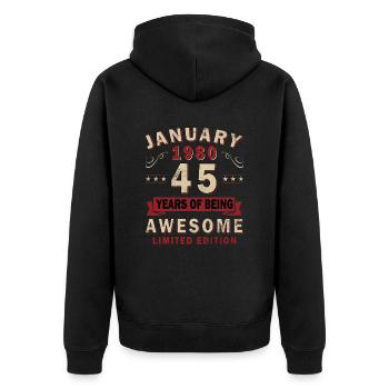 Januar 1980 Geburtstagsgeschenk - Original 45 Jahr - Unisex Premium Bio Zip Hoodie - Schwarz - Hinten - Nico (187cm)