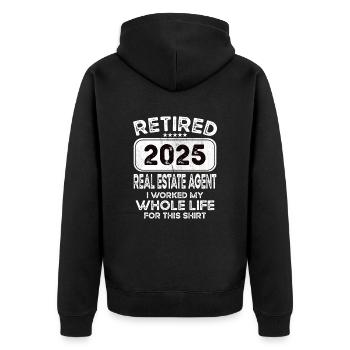 Retired Real estate agent 2025 - Unisex Premium Bio Zip Hoodie - Schwarz - Hinten - Nico (187cm)