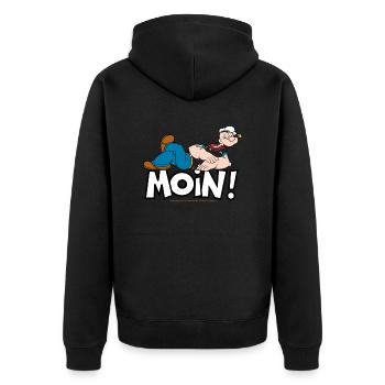Popeye Faulenzen Mit Schrift Moin! - Unisex Premium Bio Zip Hoodie - Schwarz - Hinten - Nico (187cm)
