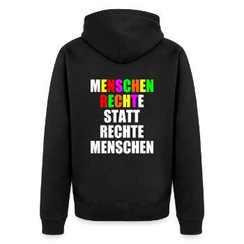 menschenrechte statt rechte menschen - Unisex Premium Bio Zip Hoodie - Schwarz - Hinten - Nico (187cm)