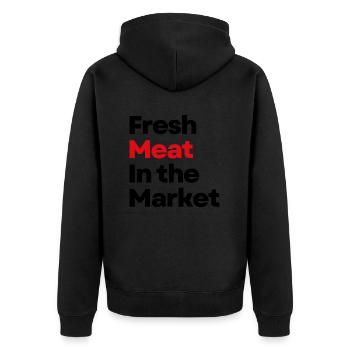 Frischfleisch auf dem Markt - Unisex Premium Bio Zip Hoodie - Schwarz - Hinten - Nico (187cm)