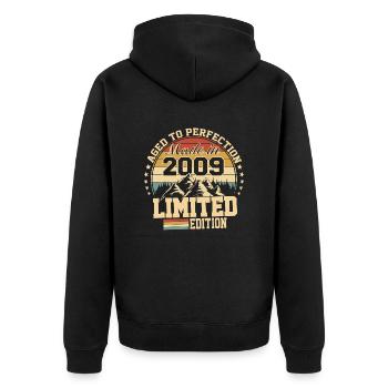 Hergestellt im Jahr 2009 - Mit Perfektion gereift - Unisex Premium Bio Zip Hoodie - Schwarz - Hinten - Nico (187cm)