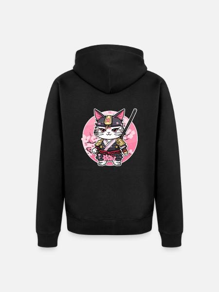 Chat samouraï & fleurs de cerisier #6 - Veste à capuche bio Premium Unisexe - noir