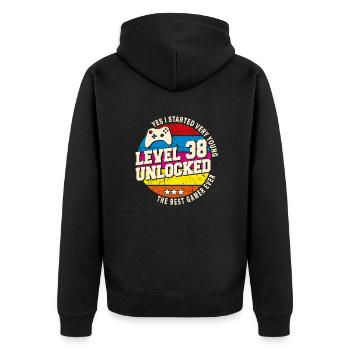 Original 1986 Vintage Level 38 Freischalten - Unisex Premium Bio Zip Hoodie - Schwarz - Hinten - Nico (187cm)