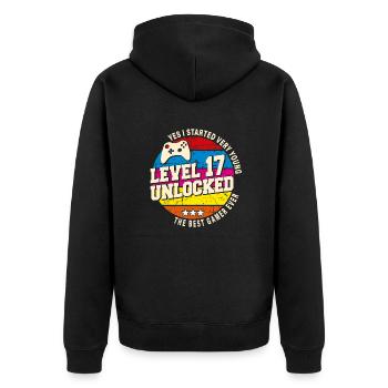 Original 2007 Vintage Level 17 Freischalten - Unisex Premium Bio Zip Hoodie - Schwarz - Hinten - Nico (187cm)
