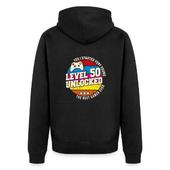 Original 1974 Vintage Level 50 Freischalten - Unisex Premium Bio Zip Hoodie - Schwarz - Hinten - Nico (187cm)