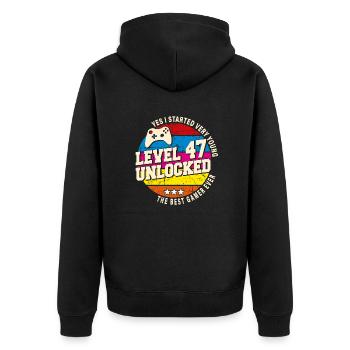 Original 1977 Vintage Level 47 Freischalten - Unisex Premium Bio Zip Hoodie - Schwarz - Hinten - Nico (187cm)