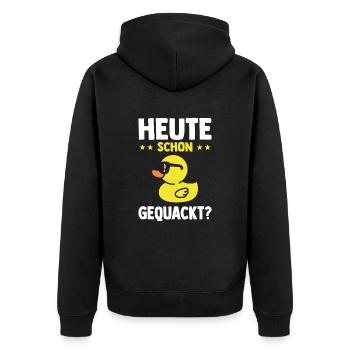 Lustige Quietscheente Ente Heute Schon Gequackt? - Unisex Premium Bio Zip Hoodie - Schwarz - Hinten - Nico (187cm)