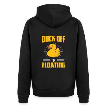 Gelbe Gummiente Duck Off I'm Floating - Unisex Premium Bio Zip Hoodie - Schwarz - Hinten - Nico (187cm)