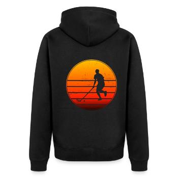 Unihockeyspielen Unihockey Innebandy Herren - Unisex Premium Bio Zip Hoodie - Schwarz - Hinten - Nico (187cm)