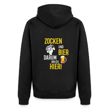 Zocken und Bier darum bin ich hier Gamer LAN Party - Unisex Premium Bio Zip Hoodie - Schwarz - Hinten - Nico (187cm)