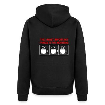 Coffee THE 3 MOST IMPORTANT THINGS IN THE MORNING - Unisex Premium Organic Zip Hoodie - black - Back - Nico (187cm)