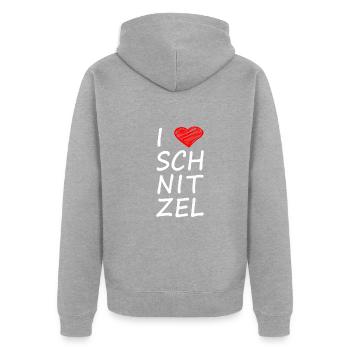 I LOVE SCHNITZEL - Unisex Premium Bio Zip Hoodie - Grau meliert - Hinten - Nico (187cm)