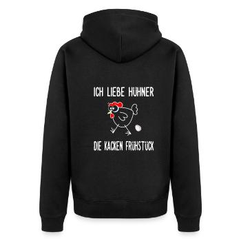 Eier - Ich liebe Hühner die kacken Frühstück - Unisex Premium Bio Zip Hoodie - Schwarz - Hinten - Nico (187cm)