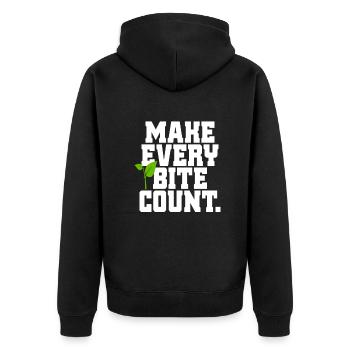 Veganer Make Every Bite Count Go Vegan Veganerin - Unisex Premium Bio Zip Hoodie - Schwarz - Hinten - Nico (187cm)