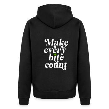 Veganer Make Every Bite Count Go Vegan Veganerin - Unisex Premium Bio Zip Hoodie - Schwarz - Hinten - Nico (187cm)