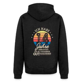 14. Geburtstag Geschenk Habe 14 Jahre Gebraucht - Unisex Premium Bio Zip Hoodie - Schwarz - Hinten - Nico (187cm)