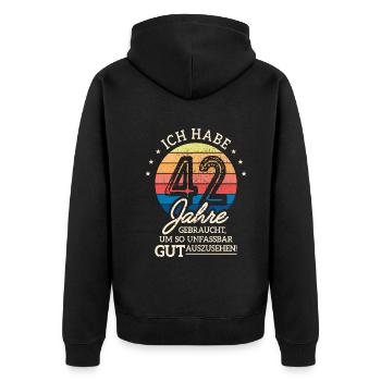 42. Geburtstag Geschenk Habe 42 Jahre Gebraucht - Unisex Premium Bio Zip Hoodie - Schwarz - Hinten - Nico (187cm)