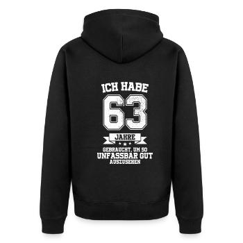 63. Geburtstag Geschenk Habe 63 Jahre Gebraucht - Unisex Premium Bio Zip Hoodie - Schwarz - Hinten - Nico (187cm)