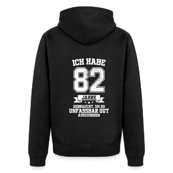 82. Geburtstag Geschenk Habe 82 Jahre Gebraucht - Unisex Premium Bio Zip Hoodie - Schwarz - Hinten - Nico (187cm)