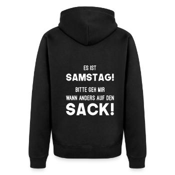 Samstag Sack Nerven - Unisex Premium Bio Zip Hoodie - Schwarz - Hinten - Nico (187cm)