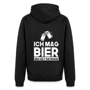 Ich mag Bier bier hält die Fresse - Unisex Premium Bio Zip Hoodie - Schwarz - Hinten - Nico (187cm)
