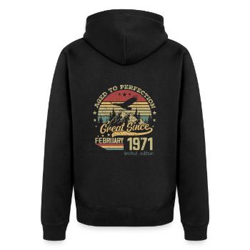 53 years old Aged to Perfection born in February 1971 - Unisex Premium Organic Zip Hoodie - black - Back - Nico (187cm)