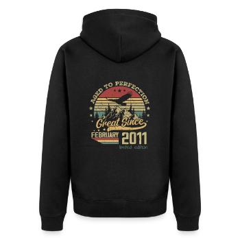 13 years old Aged to Perfection born in February 2011 - Unisex Premium Organic Zip Hoodie - black - Back - Nico (187cm)