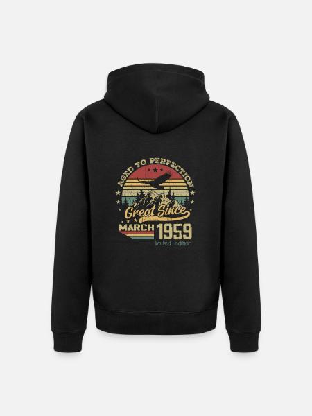65 vuotta vanha Ikä täydellisyyteen syntynyt maaliskuussa 1959 - Premium unisex luomu-huppari vetoketjulla - musta