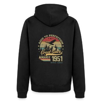 73 years old Aged to Perfection born in August 1951 - Unisex Premium Organic Zip Hoodie - black - Back - Nico (187cm)