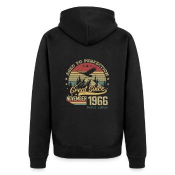 58 years old Aged to Perfection born: November 1966 - Unisex Premium Organic Zip Hoodie - black - Back - Nico (187cm)