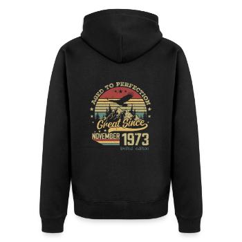 51 years old Aged to Perfection born: November 1973 - Unisex Premium Organic Zip Hoodie - black - Back - Nico (187cm)