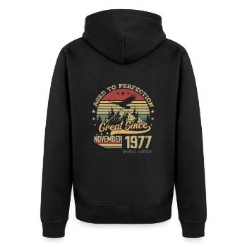 47 years old Aged to perfection born: November 1977 - Unisex Premium Organic Zip Hoodie - black - Back - Nico (187cm)