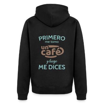 Zuerst trinke ich einen Kaffee - Unisex Premium Bio Zip Hoodie - Schwarz - Hinten - Nico (187cm)
