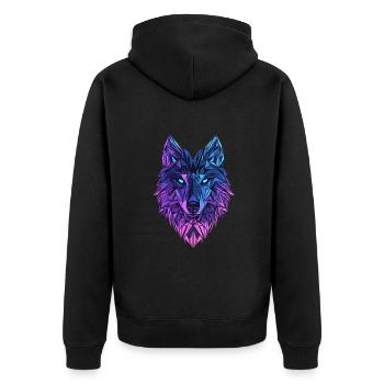 Polygon Wolf – Neon Wolfskopf in Blau & Lila - Unisex Premium Bio Zip Hoodie - Schwarz - Hinten - Nico (187cm)