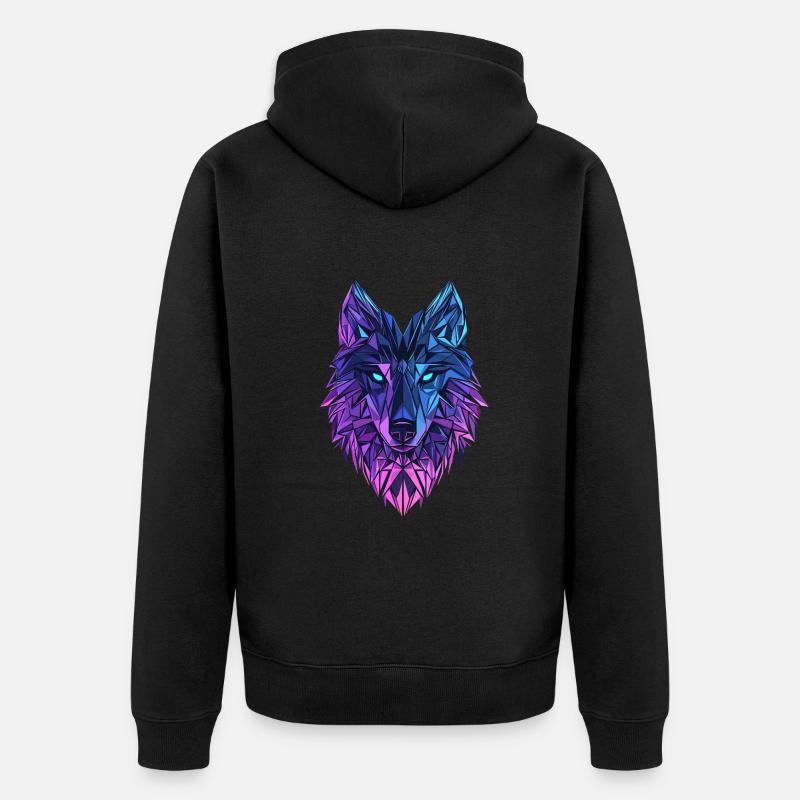 Polygon Wolf – Tête de loup néon en bleu et violet - Veste à capuche bio Premium Unisexe - noir