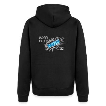 Pow Lass die Musik an - blau auf dunkel - Unisex Premium Bio Zip Hoodie - Schwarz - Hinten - Nico (187cm)
