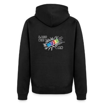 Pow Lass die Musik an - bunt auf dunkel - Unisex Premium Bio Zip Hoodie - Schwarz - Hinten - Nico (187cm)