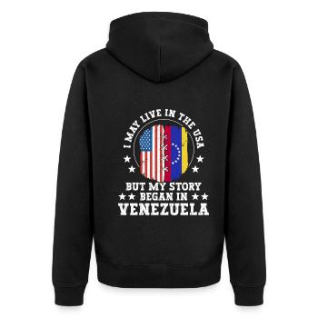 I May Live In The USA But My Story Began In - Unisex Premium Bio Zip Hoodie - Schwarz - Hinten - Nico (187cm)